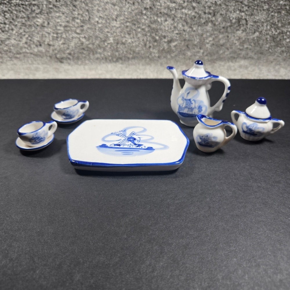 Delft Miniature‎ Tea 10pc Set Blue White Windmill Hand Painted Holland Dollhouse